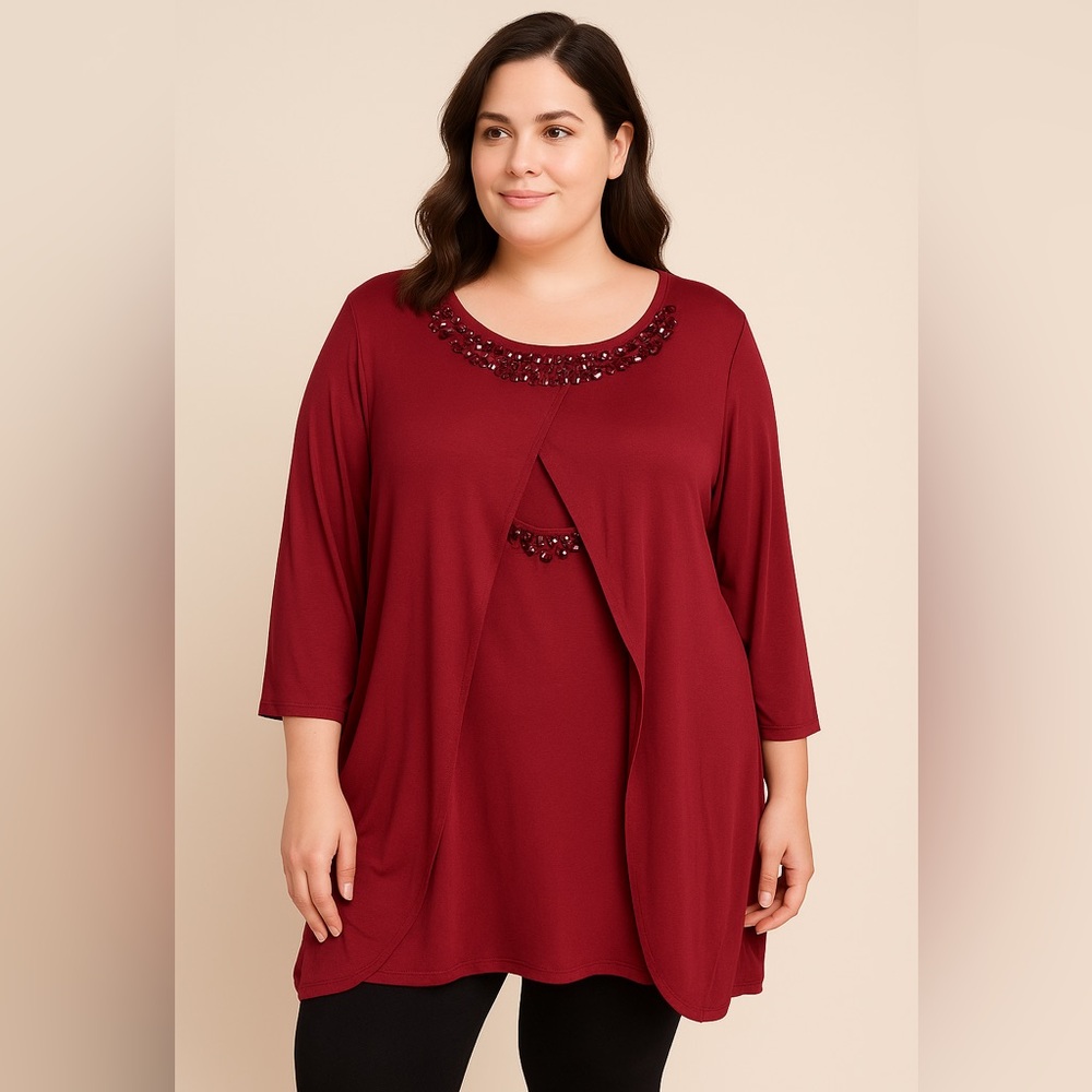 Roamans Burgundy Beaded Faux Layered Tunic Top Plus 3X 30/32 Gemstone Neckline
